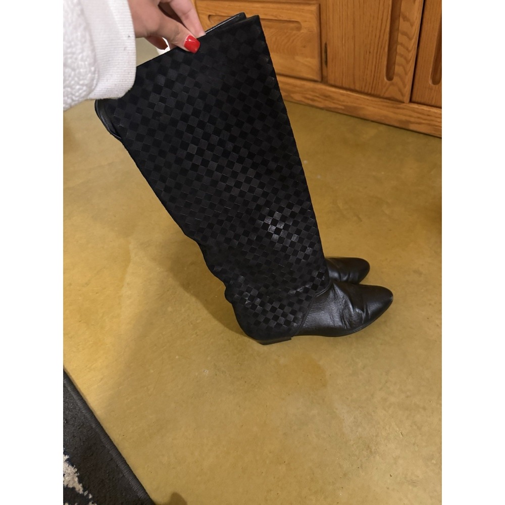 Joyce Leather / Suede Checked Pattern Heeled Below Knee‎ Boots Size 8